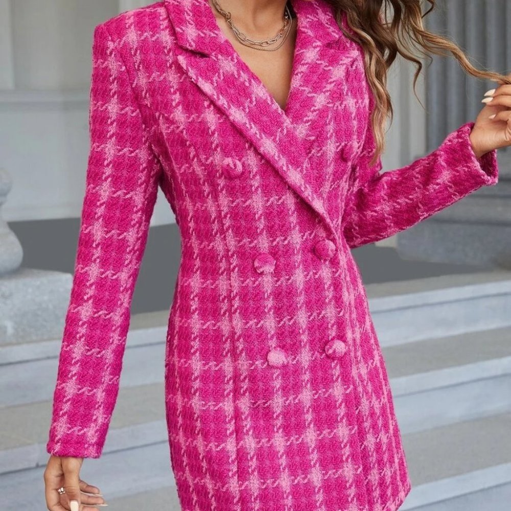 Plaid Double Breasted Pink Tweed Blazer Dress Mini Dress - Picture 3 of 9